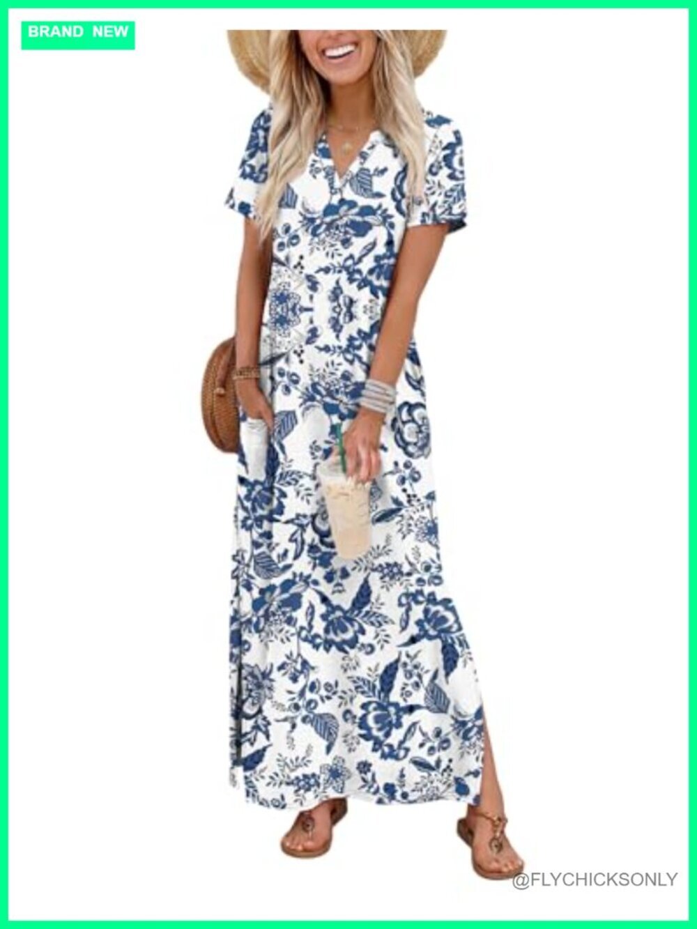 Women's Maxi Dress V-Neck Short Sleeve with Pockets Side Slit Casual